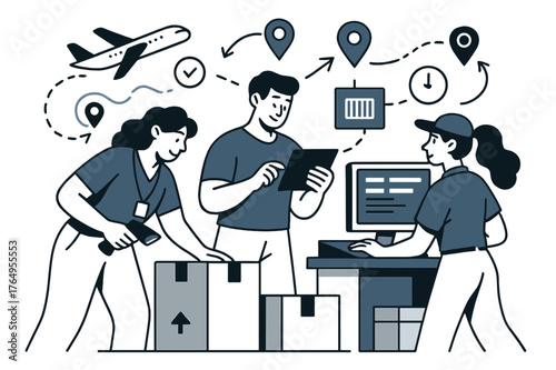 Air Cargo Dynamics. Air freight terminals. Air cargo staff scanning packages and updating terminal systems; abstract floating icons and lines