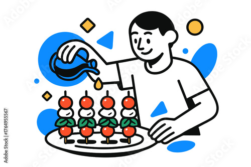 Vivid Caprese Delight. Caprese Skewers. Person drizzling olive oil over caprese skewers with floating abstract geometric shapes and soft highlights, fresh and