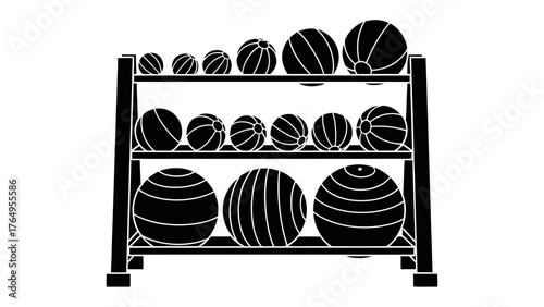 Gym Ball Array: A functional silhouette depicts a meticulously organized array of gym balls, varying in size and lined up on a rack, suggesting a fitness environment.