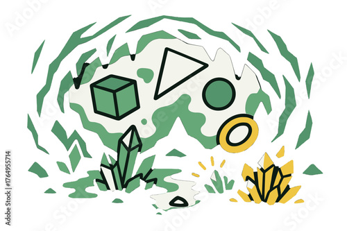 Glowing Abstract Cave. Cave. Wide cave chamber with glowing minerals and floating abstract geometric shapes, magical and immersive underground scene. Modern