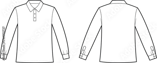 Technical flat sketch of men's polo shirt design, pointed collar, button placket, long sleeves, cuff detail, fashion illustration, garment construction, vector template