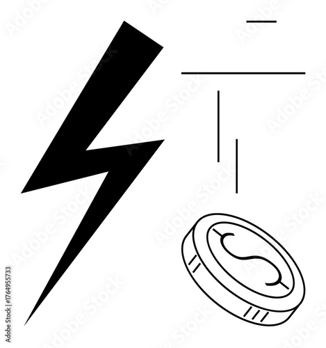 Lightning bolt next to a coin with a dollar sign, illustrating energy costs, electricity billing, and financial implications. Ideal for finance, energy, saving, sustainability, technology economy