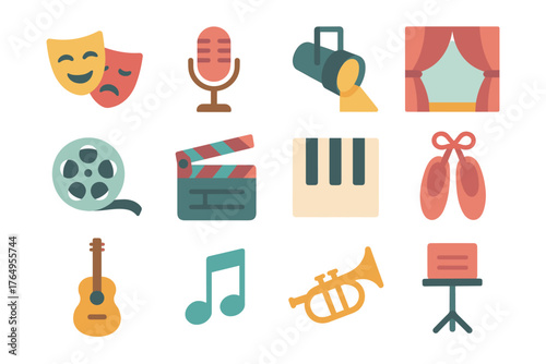 Colorful icons representing performing arts and music elements in flat design
