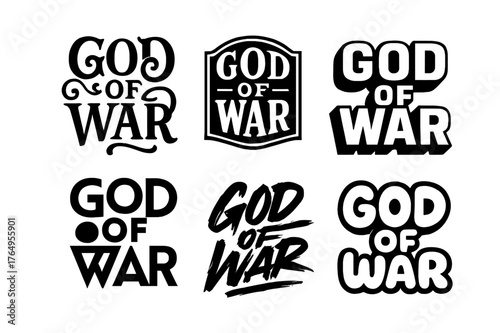 Diverse Lettering Styles. God of War. Set lettering. harmonious lettering variations of the same emblematic concept (Whimsical curly type with flourishes,
