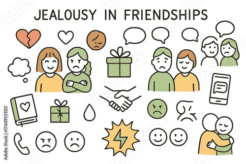 Friendship Jealousy Doodles. Jealousy in friendships. Hand-drawn doodle illustration two friends (colored), heart symbol, broken heart (colored), smiling