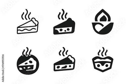 Quiche Logo Variations. Cooking a savory quiche with vegetables and cheese. Set Logo of Cooking a savory quiche with vegetables and cheese: sliced quiche with