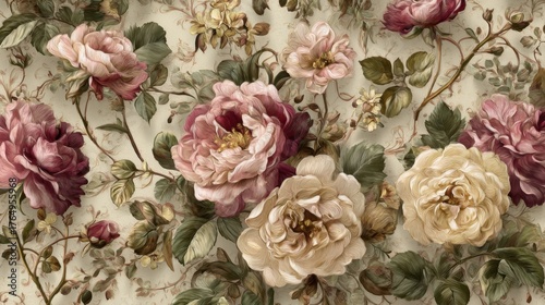 Elegant vintage floral pattern featu detailed pink cream and blush roses with green leaves on soft beige background for fabric and wallpaper design
