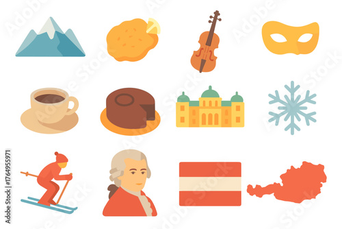 Austrian culture icons: music, cuisine, landmarks, and activities in flat design