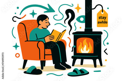 Cozy Hearth Reading. Keeper of the Hearth ? Quiet Read by the Stove. A chair, a book, and slippers rest in perfect calm; page edges glow with firelight. Tag