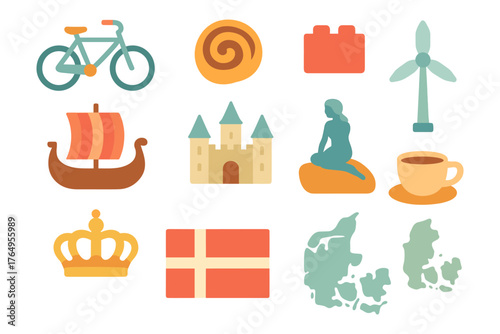 Denmark icon collection: bicycle, viking ship, castle, wind turbine, crown, mermaid, and map