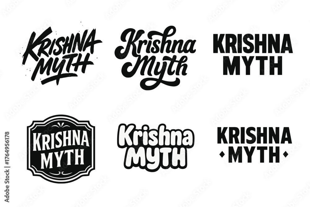 Obraz premium Krishna Lettering Styles. Krishna Myth. Set lettering. harmonious lettering variations of the same emblematic concept, each with different artistic