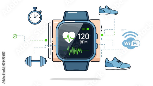 Fitness Tracker Illustration: A stylized illustration showcases a fitness tracker displaying heart rate data, surrounded by icons symbolizing exercise and connectivity.