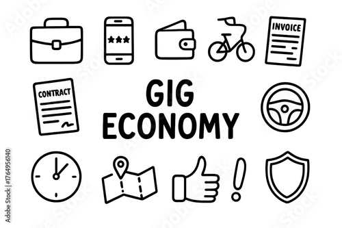 Gig Economy Icons. Gig economy. Hand-drawn doodle illustration gig economy briefcase, mobile app, star rating, wallet, invoice, contract, delivery box,