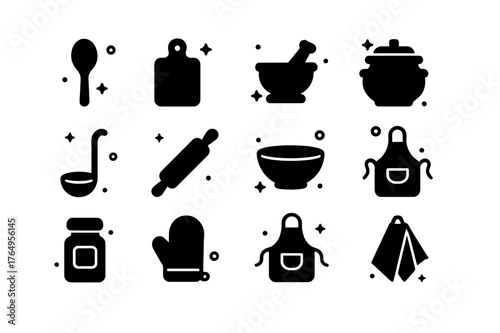 Rustic Kitchen Icons. Rustic Kitchen Tools. Solid icons set of Rustic Kitchen Tools: wooden spoon, cutting board, mortar and pestle, clay pot, ladle, rolling