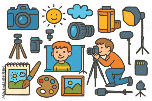 Colorful Photography Doodles. fine art photography. Colorful Hand-drawn doodle Children illustration fine art photography camera, lens, tripod, film roll,