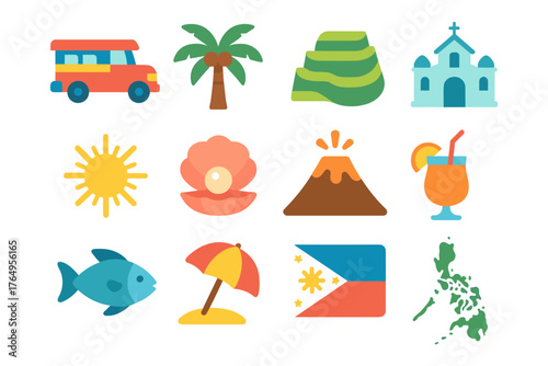 Philippine icons in flat design featuring landmarks, nature, and culture elements