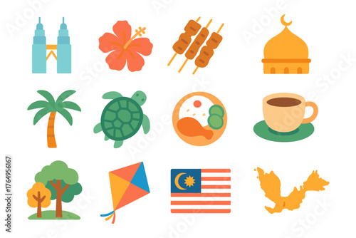 Flat design icons celebrating malaysian culture and landmarks