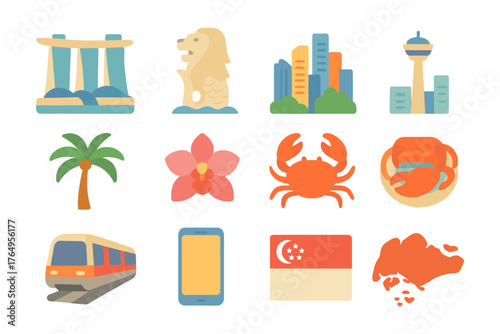 Singapore icons collection featuring merlion, cityscape, and traditional cuisine