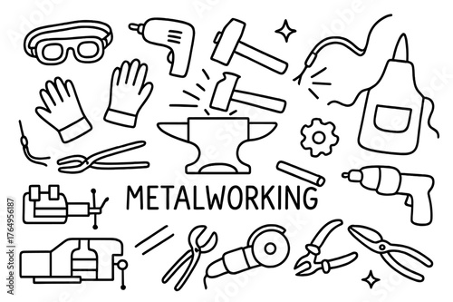 Metalworking Tools Doodle. Metalworking. Hand-drawn doodle illustration metalworking anvil, hammer, sparks, welding torch, tongs, steel rod, gear, vise,