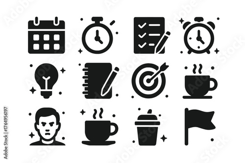Overcoming Delays Icons. Overcoming Delays. Solid icons set of Overcoming Delays: calendar, stopwatch, checklist, alarm clock, light bulb, notebook, pen,