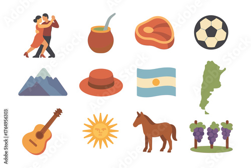 Icon set featuring argentinian culture with tango, mate, and soccer elements