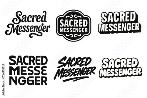 Sacred Message Typography. Sacred Messenger. Set lettering. harmonious lettering variations of the same emblematic concept (Whimsical curly type with