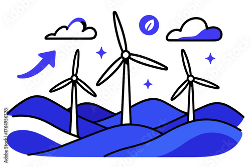 Scenic Renewable Energy. Rolling hills. Wind turbines on rolling hills with abstract floating arrows, clouds, and sparkles; conveys renewable energy,