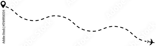 A flying plane is illustrated with a on location map dashed line. Marker hand-drawn line border and scribble design elements. Lines hand drawn paint brush stroke. Vector 