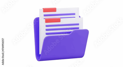 3D purple folder with documents. Vector illustration isolated on white background, clip art, commercial use