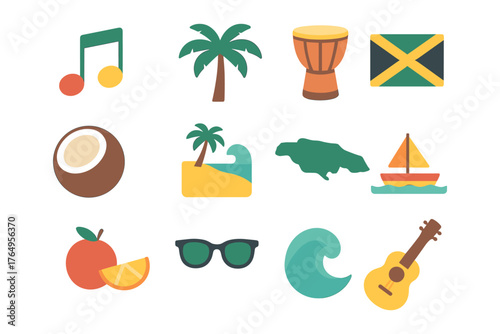 Colorful tropical icons set featuring palm trees, drums, and waves