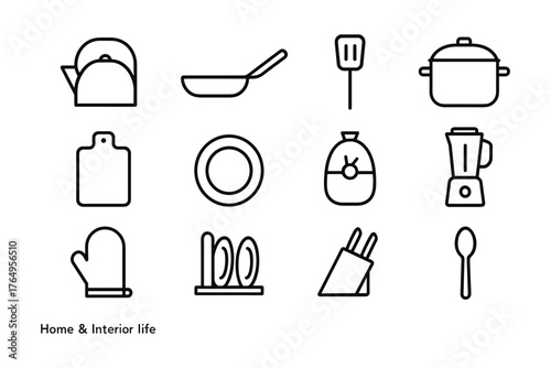 Minimalist kitchen utensils in modern outline style for home interior design