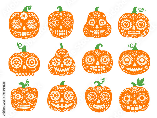 Cartoon Mexican pumpkins with carved eyes, noses and smiling teeth expression. Mexican folk art pumpkins decorated with ornamental floral and geometric patterns. Vector Dia de Los Muertos creepy faces