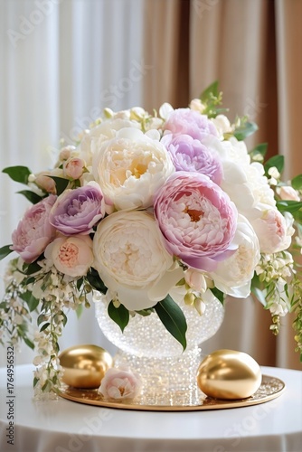 Elegant Wedding Peony and Rose Bouquet Arrangements in Soft Pink and White with Gold Accents
