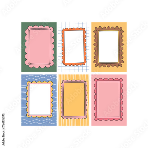 Six colorful decorative frames with scalloped edges and patterned backgrounds border