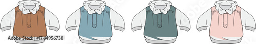 A collection of colorful baby outfits featuring a vest and long-sleeved collared shirt. Vector fashion flat sketch for children's apparel design