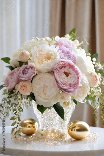 Elegant Wedding Peony and Rose Bouquet Arrangements in Soft Pink and White with Gold Accents