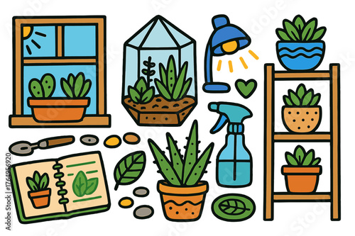 Colorful Succulent Doodles. Indoor succulents. Colorful Hand-drawn doodle Children illustration Indoor succulents windowsill, terrarium, aloe pot, small