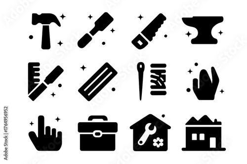 Craft Tools Icons. Workshop Craft. Solid icons set of Workshop Craft: hammer, chisel, saw, anvil, ruler, paintbrush, wood plank, sewing needle, thread spool,
