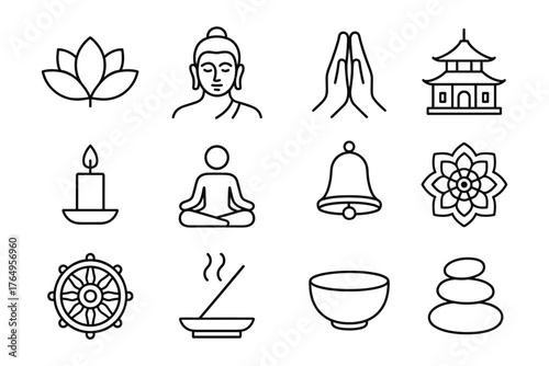 Minimalist line art icons of buddhist symbols for mindfulness and meditation