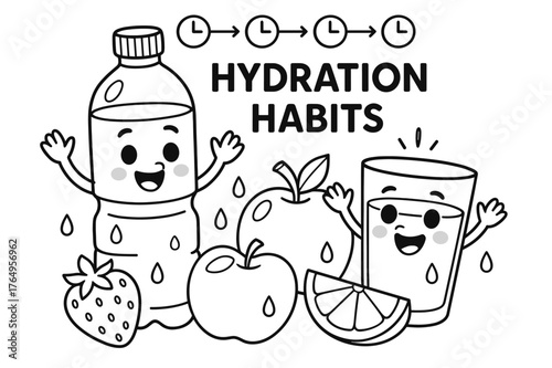 Hydration Fun for Kids. Hydration habits children?s coloring book illustration, outlined drawing, a happy water bottle and glass cheering beside fruits with