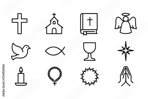 Christian symbols collection: cross, church, bible, angel, dove, fish, chalice, star, candle, rosary, crown, praying hands