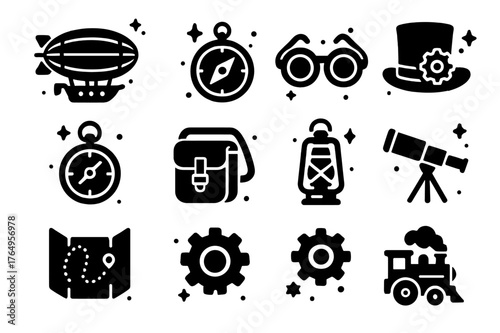 Steampunk Icons Collection. Steampunk Travel. Solid icons set of Steampunk Travel: airship, compass, goggles, top hat, pocket watch, satchel,