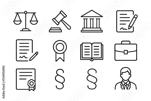Legal and law icons in simple linear style for professional use