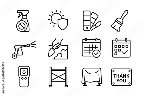 Mural Care Icons. Mural Care and Conservation. Line icon set of Mural Care and Conservation: anti graffiti coating, UV protection sun, color swatch check,