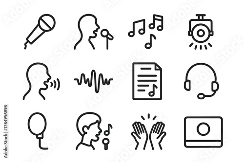 Vocal Performance Icons. Vocal Performance. Line icon set of Vocal Performance: microphone, singer silhouette, music notes, stage light, vocal warmup, sound