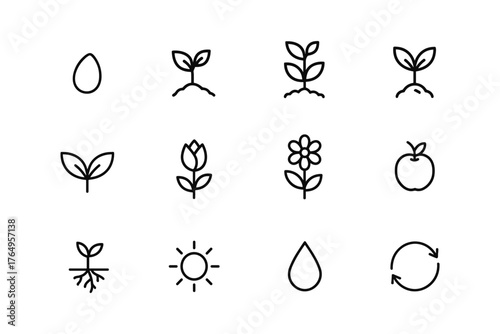 Minimalist set of nature icons including plants, flowers, and symbols of sustainability