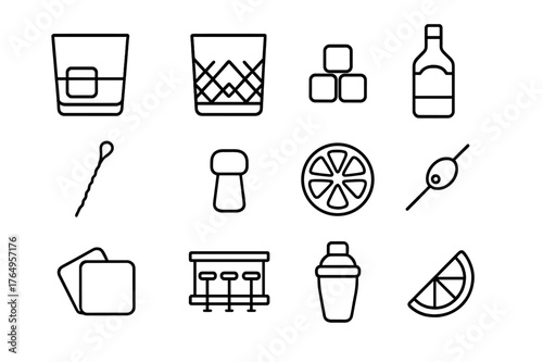 Bar Icons Collection. Bar setup. Line icon set of bar setup: whiskey glass, crystal glass, ice cubes, bottle, cocktail stirrer, cork, lemon slice, olive,