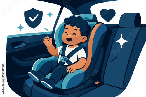 Child Safety Icons. Backseat with child seat. Glowing car interior with a child safely buckled in colorful seat. Floating icons of shield, heart, and sparkle