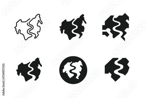 Geometric Water Logos. Eurasia. Set Logo of Rivers and Lakes: Minimal outline, Filled silhouette, Abstract geometric, Negative space, Flat solid, Iconic shape.