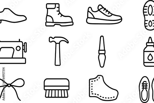 Outline icons of footwear and tools including boots, sneakers, sewing machine, and hammer